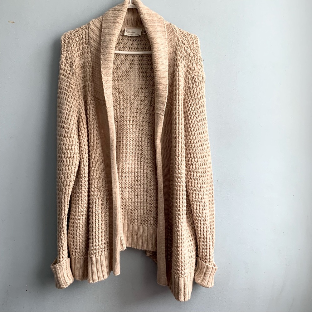 RD Style Women's Acrylic Open Cardigan Sweater Collar Size L Beige Cozy Grandma